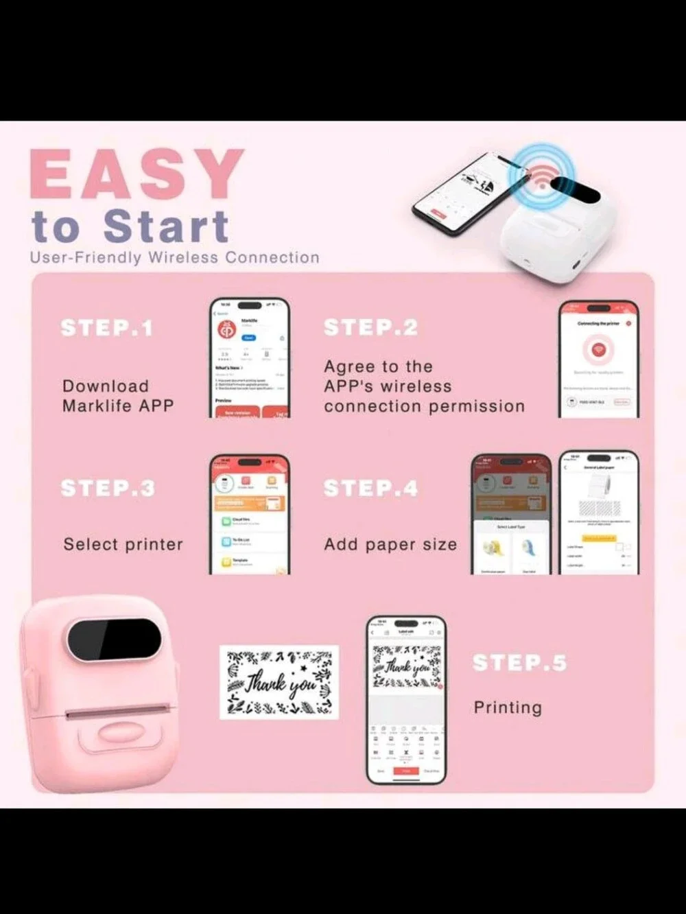 BRAND NEW ** Portable Pink Thermal Label Printer With 5 Extra Paper Rolls